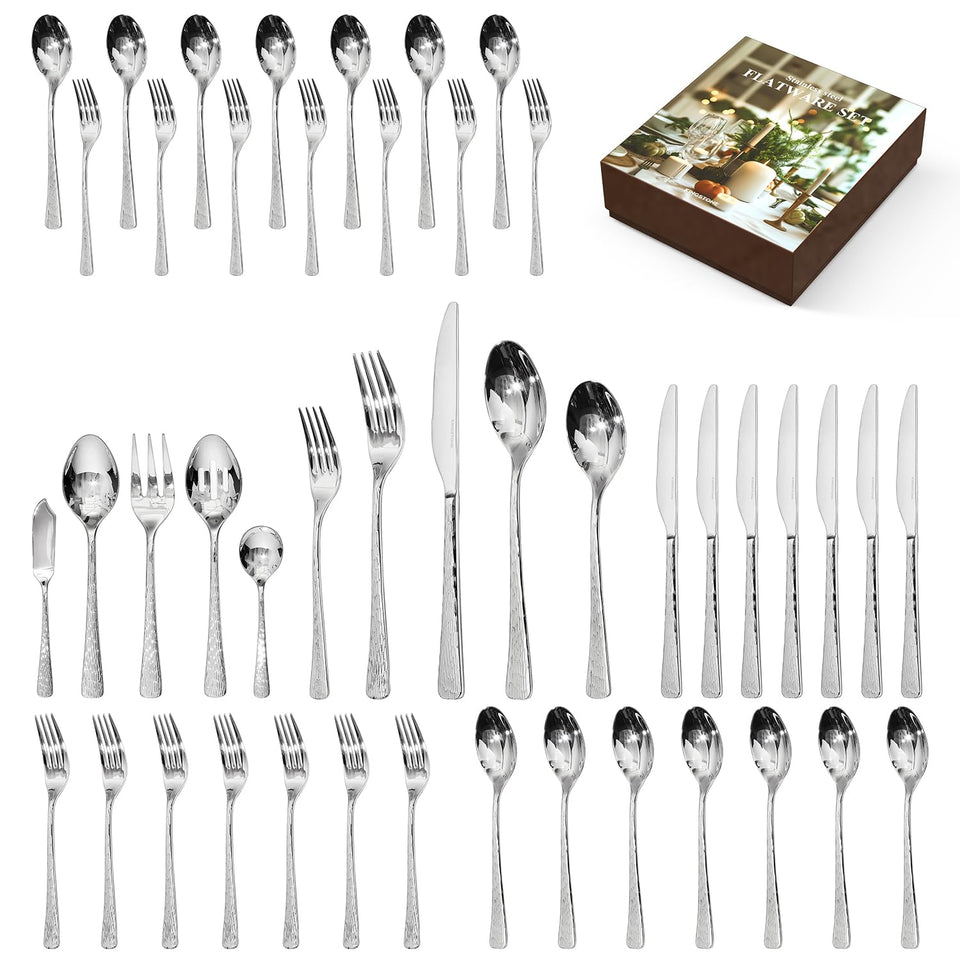 KINGSTONE Hammered Silverware Set, Flatware Set, 18/10 Stainless Steel Premium Cutlery with Unique Ripple Handles Design Mirror Polished - Dishwasher Safe (40-Piece)