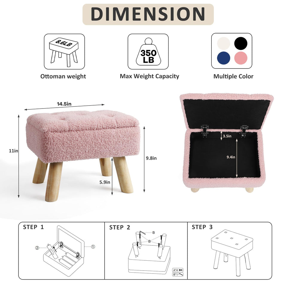 OGEMXU Storage Ottoman, Small Foot Stool Ottoman with Storage, Boucle Teddy Velvet Foot Rest with Padded Seat, Sturdy Wood Legs Stool for Living Room, Bedroom, Couch, Enterway (Cream)