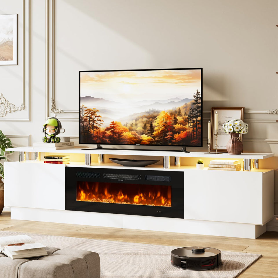 OneBlis 70" TV Stand for Living Room, Modern Entertainment Center & Media Console, Fits TVs up to 80", Storage Cabinet with Shelves, 36" Electric Fireplace with LED Flame (All Black)