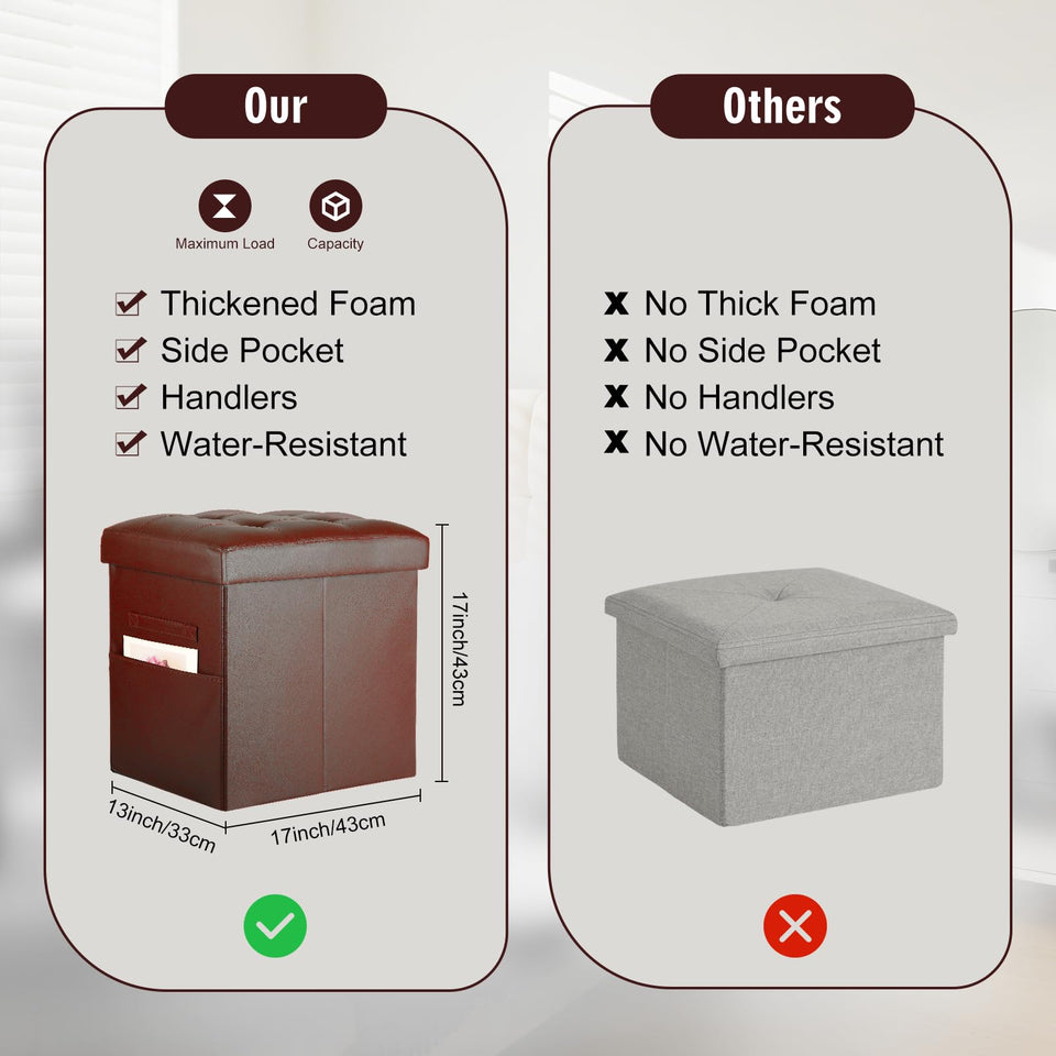 Storage Ottoman Foot Rest Stool, Foldable Leather Footstool Storage Bench with Thicker Foam Padded Seat. Foot Rest Under Desk for Living Room Bedroom 350 lbs, 17x13x13 in, Brown