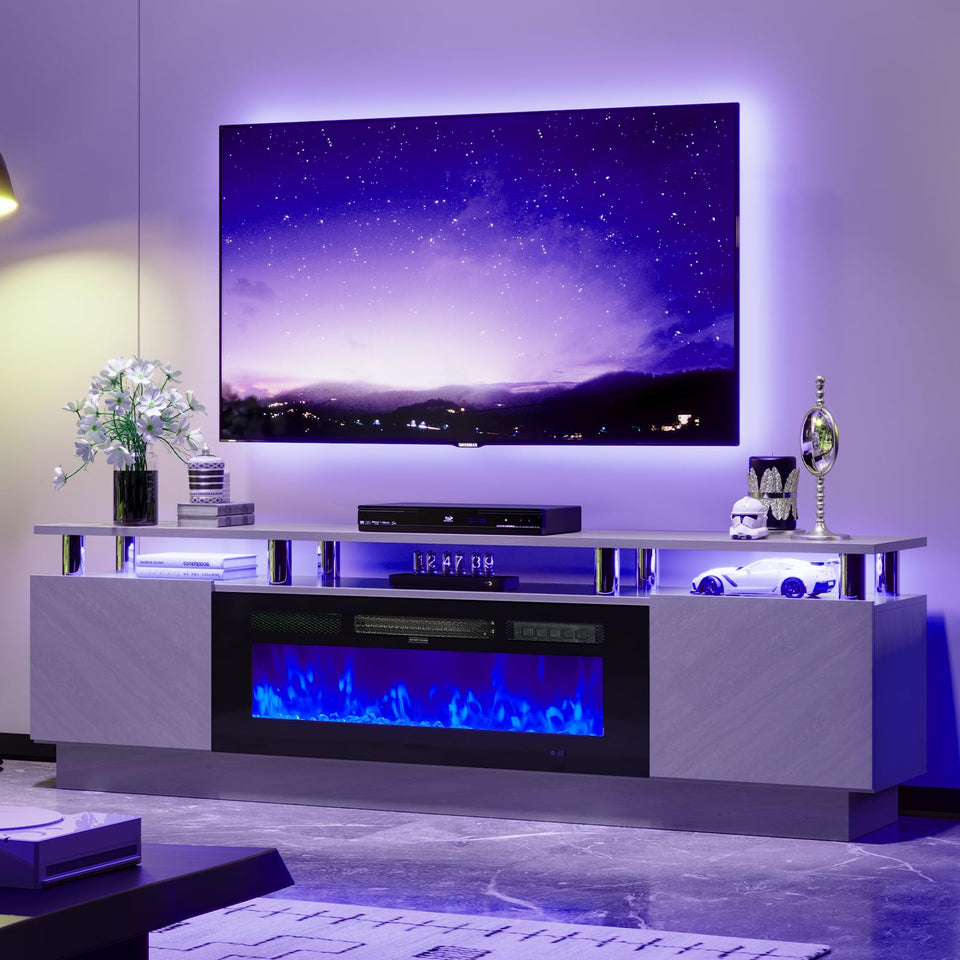 OneBlis 70" TV Stand for Living Room, Modern Entertainment Center & Media Console, Fits TVs up to 80", Storage Cabinet with Shelves, 36" Electric Fireplace with LED Flame (All Black)