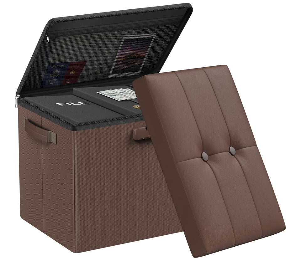 DocSafe Storage Ottoman with Lock,Fireproof Folding Ottoman Foot Rest Stool Storage Chest with Storage Safe for Important Documents,Waterproof 17 Inches Short Ottoman Foot Stool with Handles,Black