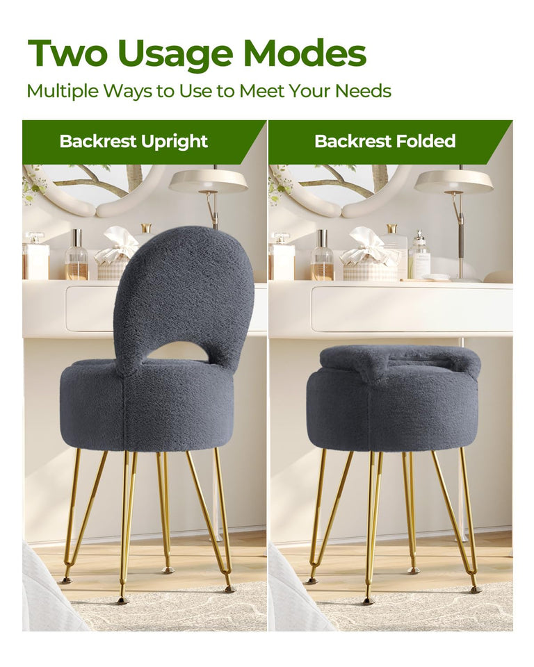 GREENSTELL Small Vanity Stool Chair with Storage and Folding Back, 13" x 13" x 17.7" Faux Fur Soft Ottoman for Teenager, 4 Metal Legs with Anti-Slip Feet, Furry Padded Seat for Makeup, Bedroom, White