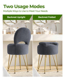 GREENSTELL Small Vanity Stool Chair with Storage and Folding Back, 13" x 13" x 17.7" Faux Fur Soft Ottoman for Teenager, 4 Metal Legs with Anti-Slip Feet, Furry Padded Seat for Makeup, Bedroom, White