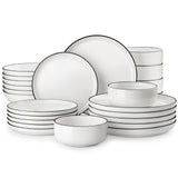 MALACASA Plates and Bowls Sets, 24 Pieces Modern Porcelain Dinnerware Set for 6 Ceramic Dishware Dishes White Kitchen Dinner Dining Ware Set wtih Black Rim Microwave and Dishwasher Safe, Series LUNA