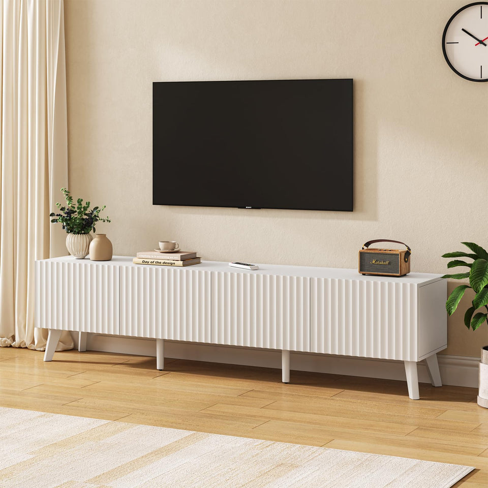 UKAOCAI 86.61'' Tambour TV Stand for 55-85 Inch, Modern Entertainment Center with Large Storage Cabinet & Open Shelves, TV Console with Sliding Doors for Living Room, Bedroom, Natural