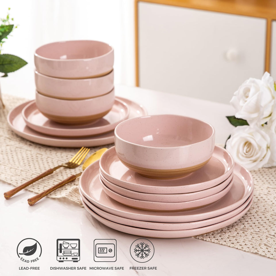 AmorArc Ceramic Dinnerware Sets for 8, 24 Pieces Handpainted Plates and Bowls Set with Rustic Terracotta Underside, Scratch Resistant Stoneware Dishes Set, Dishwasher & Microwave Safe, Light Beige
