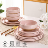 AmorArc Ceramic Dinnerware Sets for 8, 24 Pieces Handpainted Plates and Bowls Set with Rustic Terracotta Underside, Scratch Resistant Stoneware Dishes Set, Dishwasher & Microwave Safe, Light Beige
