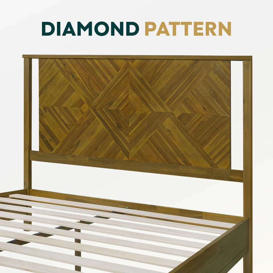 Bme Vivian 14 Inch Deluxe Bed Frame with Headboard, Rustic & Scandinavian Style with Solid Acacia Wood, No Box Spring Needed, 12 Strong Wood Slat Support, Easy Assembly, King, Rustic Golden Brown