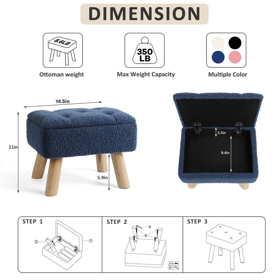 OGEMXU Storage Ottoman, Small Foot Stool Ottoman with Storage, Boucle Teddy Velvet Foot Rest with Padded Seat, Sturdy Wood Legs Stool for Living Room, Bedroom, Couch, Enterway (Cream)