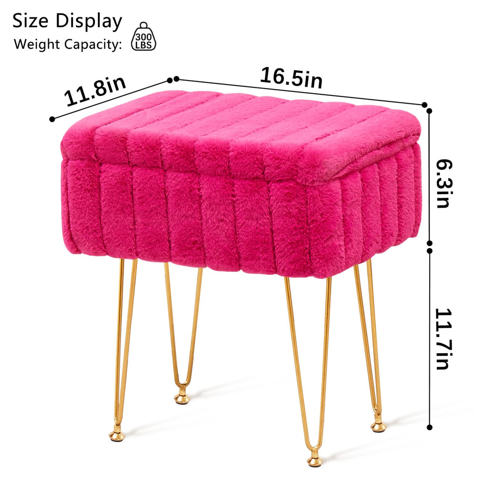 Wimarsbon Storage Ottoman, Vanity Stools with Metal Legs, 16.5" x 11.8" x 18" Modern Faux Mink Fur Footstool, Makeup Chair with Anti-Slip Feet, Accent Table,Footrest,Storage Bench for Bedroom