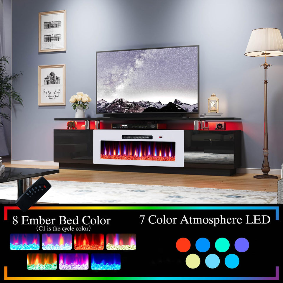 AMERLIFE Fireplace TV Stand with 36" Fireplace, 70" Modern High Gloss Fireplace Entertainment Center LED Lights, 2 Tier TV Console Cabinet for TVs Up to 80", Obsidian Black