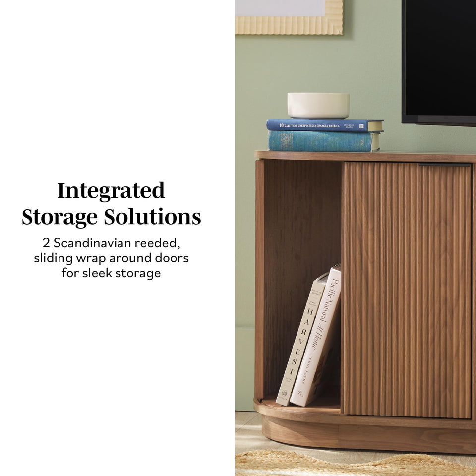 Walker Edison Chloe Reeded TV Stand with Fireplace Insert, 75 Inch, 70 Inch, Coastal Oak