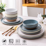 AmorArc Ceramic Dinnerware Sets for 8, 24 Pieces Handpainted Plates and Bowls Set with Rustic Terracotta Underside, Scratch Resistant Stoneware Dishes Set, Dishwasher & Microwave Safe, Light Beige