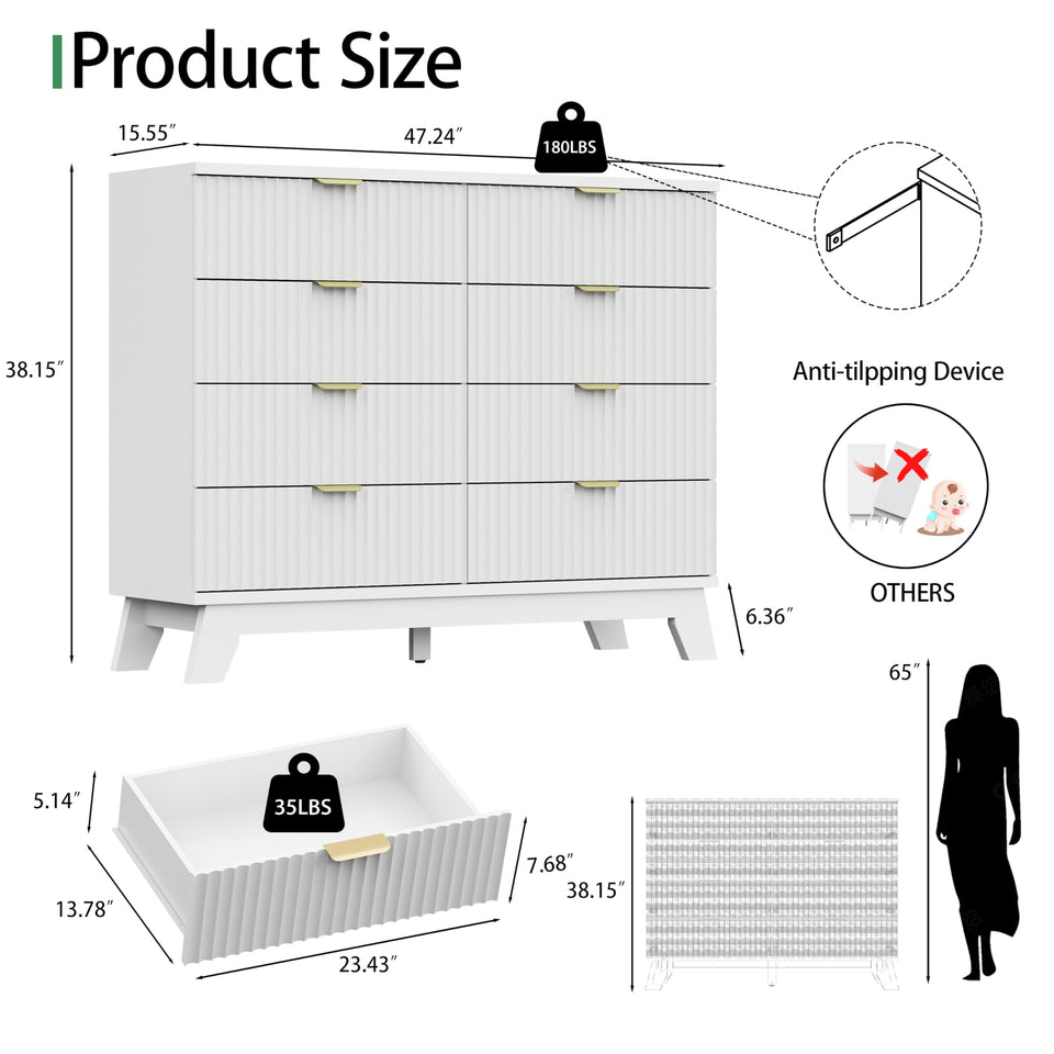 Fluted Dresser for Bedroom with 9 Drawers, 57" Wide Modern Chest of Drawers with Metal Handle, Wooden Dresser TV Stand, Wood Closet Clothes Storage Organizer for Living Room, Hallway, Natural Oak