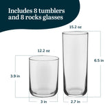 Libbey Ascent Tumbler and Rocks Drinking Glasses Set of 16, Glass Drinking Glasses with Curvature, Versatile Glassware Set for Parties and More
