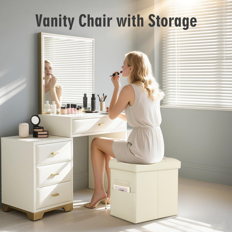 Storage Ottoman Foot Rest Stool, Foldable Leather Footstool Storage Bench with Thicker Foam Padded Seat. Foot Rest Under Desk for Living Room Bedroom 350 lbs, 17x13x13 in, Brown