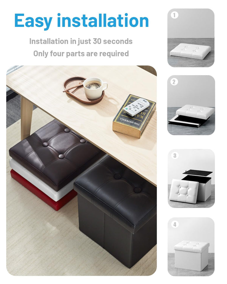 AmasSmile Storage Ottoman Folding Foot Rest Stool, Leather Footstool Bench, Short Ottoman Stool, Storage Foot Rest Store, Books (Black, 17" D x 13" W x 13" H)