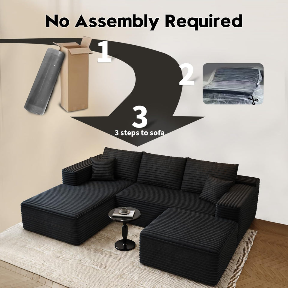 135.4" Cloud Modular Sectional Couch with 1 Ottoman,Modern Minimalist Upholstered Couches, Comfort U Shaped Sofa for Living Room,Deep Seat Corner Couch，No Assembly Required (Black,Left Facing Chaise)