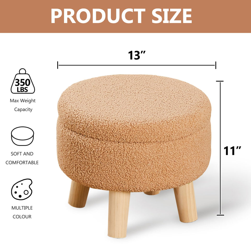 Wimarsbon Storage Ottoman, Modern Round Footrest with Soft Padded Seat, Teddy Velvet Footstool with Wood Legs, Accent Small Table or Plant Stand for Hallway, Living Room (Cream)