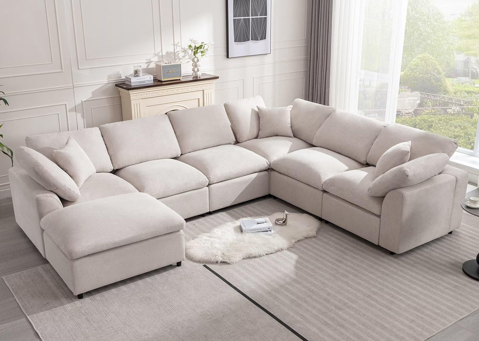 Siiejia Modular Sectional Sofa Modern Oversized Cloud Couch with Movable Ottoman 7 Seater L-Shaped Sofas Comfy Couches for Living Room Spacious Space Office Lounge, Beige