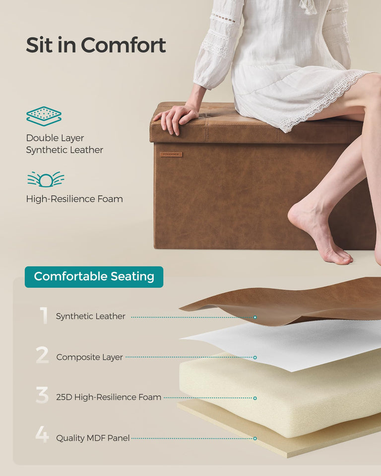 SONGMICS MAZIE Collection - 43 Inches Folding Storage Ottoman Bench, Ottoman with Storage, Foot Rest Stool, Load 660 lb, for Living Room, Synthetic Leather, Black ULSF701