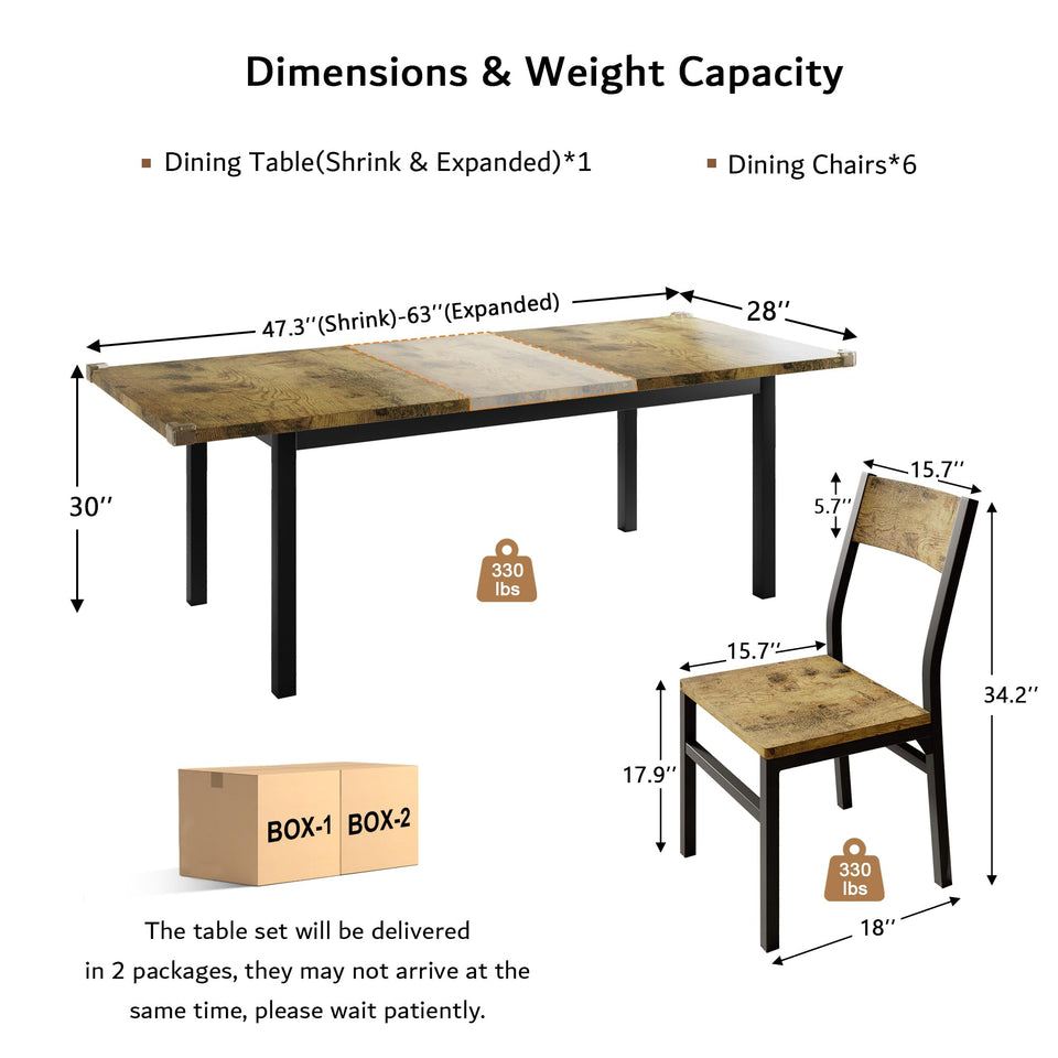 iPormis 7-Piece Dining Table Set with 6 Chairs, 63" Extendable Kitchen Table & Chairs Set for 4-6, Dining RoomTable with Solid Metal Frame & MDF Board, Perfect for Small Space, Easy Assembly, Walnut
