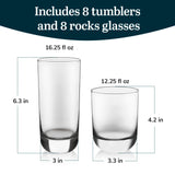 Libbey Ascent Tumbler and Rocks Drinking Glasses Set of 16, Glass Drinking Glasses with Curvature, Versatile Glassware Set for Parties and More