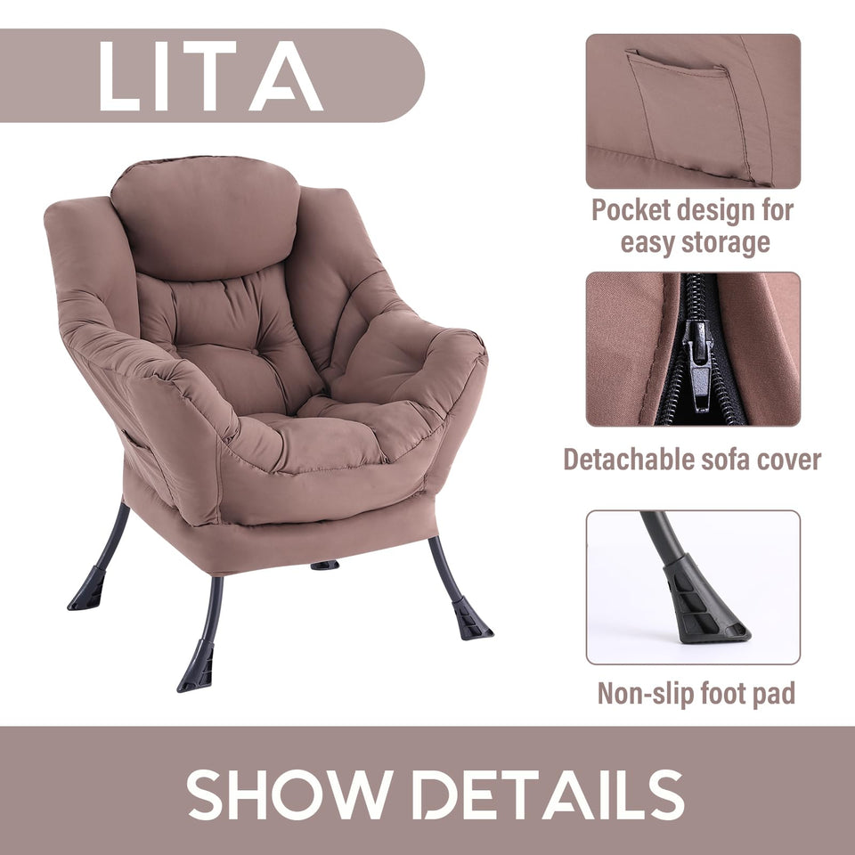 LITA Lazy Chair with Ottoman, Modern Accent Leisure Upholstered Lazy Sofa Armchair, Contemporary Lounge Reading Chair with Armrests and a Side Pocket for Living Room, Bedroom & Small Space, Dark Grey