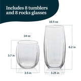 Libbey Ascent Tumbler and Rocks Drinking Glasses Set of 16, Glass Drinking Glasses with Curvature, Versatile Glassware Set for Parties and More