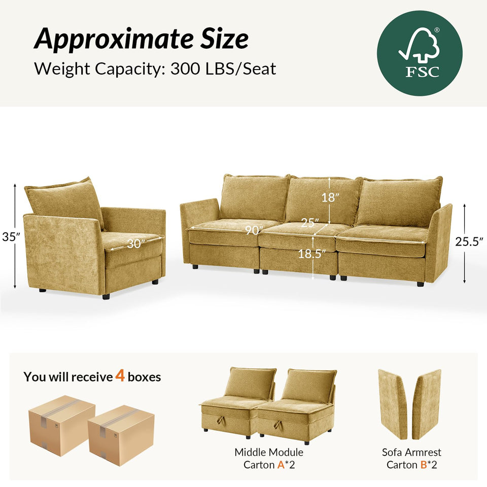 HULALA HOME 127'' Modular Sectional Sofa, Oversized U Shaped Couch with Storage Ottoman, Comfy Chenille Sofa with Deep Seat, 6 Seat Convertible Couches for Living Room, Beige