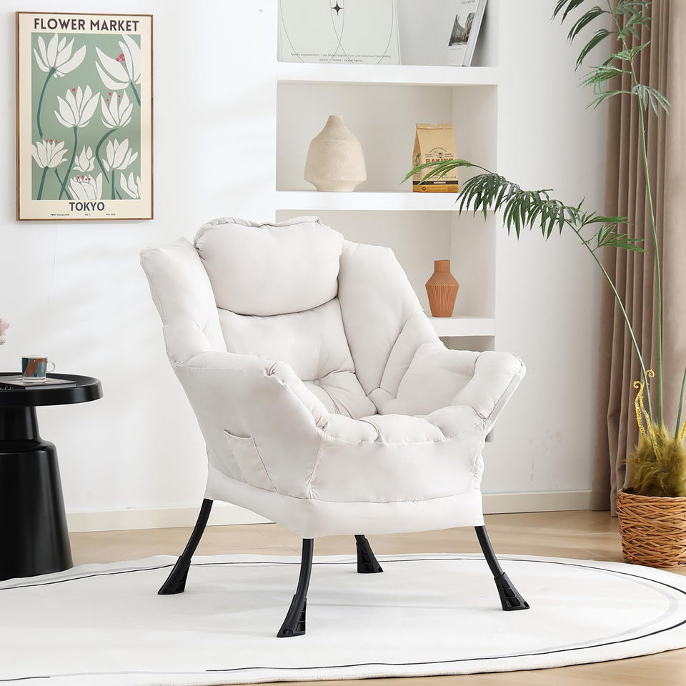 Welnow Lazy Chair with Ottoman, Modern Lounge Accent Chair with Armrests and a Side Pocket, Leisure Sofa Armchair, Reading Armchair with Footrest for Small Space, Dark Grey