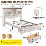 Farmhouse King Size Bed Frame with 54" Tall Storage Bookcase Headboard, Wood Platform Bed Frame with 2 Drawers & 18" Tall Roman Column Decoration Footboard, No Box Spring Needed(Antique White)