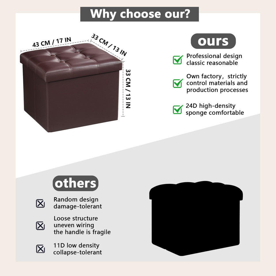 AmasSmile Storage Ottoman Folding Foot Rest Stool, Leather Footstool Bench, Short Ottoman Stool, Storage Foot Rest Store, Books (Black, 17" D x 13" W x 13" H)