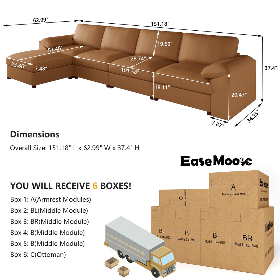 EASE MOOSE Leather Sectional Couch, Oversized Modular Sectional Sofas, Wide Deep Seat Modular Couch, Scratch Resistant Faux Leather Material, L Shaped Sofa for Big Spaces,Beige
