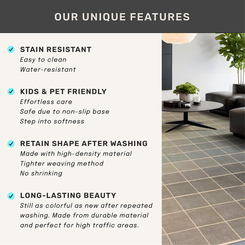 Neutral Living Room Rug - 10x14 Farmhouse Beige Brown Large Area Rug for Dining Room, Bedroom, Low Pile Lightweight Washable