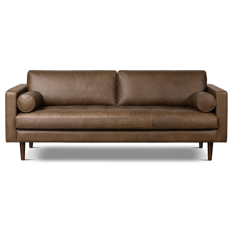 POLY & BARK Napa 72" Apartment Sofa – Italian-Tanned Full-Grain Pure-Aniline or Semi-Aniline Leather, Feather-Down Cushioning, Kiln-Dried Solid Wood Frame, Walnut Legs - Cognac Tan
