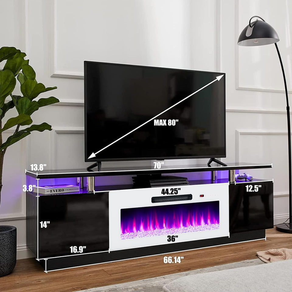 AMERLIFE Fireplace TV Stand with 36" Fireplace, 70" Modern High Gloss Fireplace Entertainment Center LED Lights, 2 Tier TV Console Cabinet for TVs Up to 80", Obsidian Black
