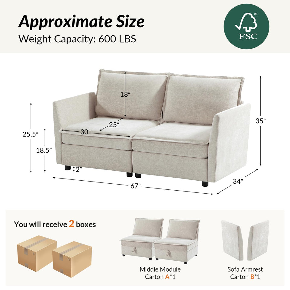 HULALA HOME 127'' Modular Sectional Sofa, Oversized U Shaped Couch with Storage Ottoman, Comfy Chenille Sofa with Deep Seat, 6 Seat Convertible Couches for Living Room, Beige