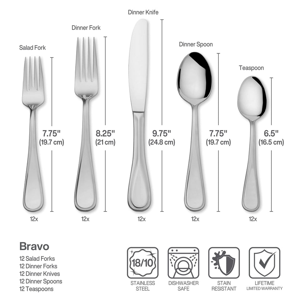 Mikasa Bravo 65-Piece Flatware Set for 12, 18/10 Stainless Steel Silverware with Full Service, Includes Forks, Knives, Spoons, and Serving Utensils