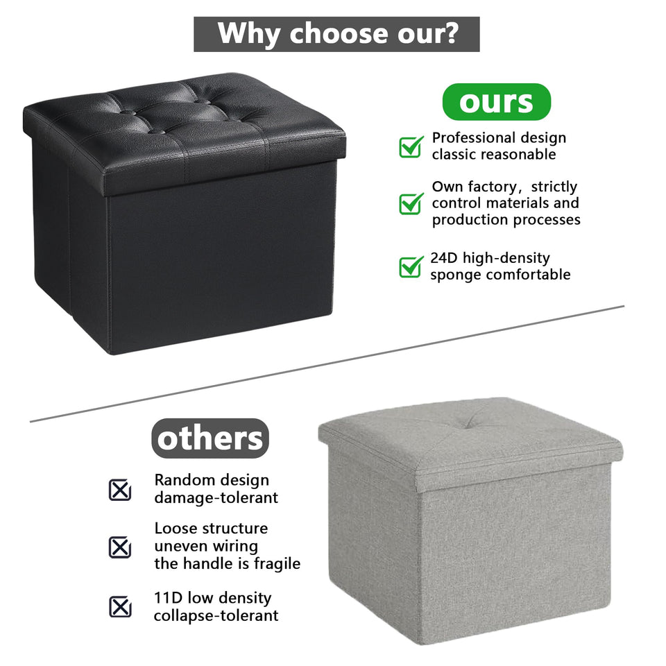 AmasSmile Storage Ottoman Folding Foot Rest Stool, Leather Footstool Bench, Short Ottoman Stool, Storage Foot Rest Store, Books (Black, 17" D x 13" W x 13" H)