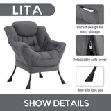LITA Lazy Chair with Ottoman, Modern Accent Leisure Upholstered Lazy Sofa Armchair, Contemporary Lounge Reading Chair with Armrests and a Side Pocket for Living Room, Bedroom & Small Space, Dark Grey