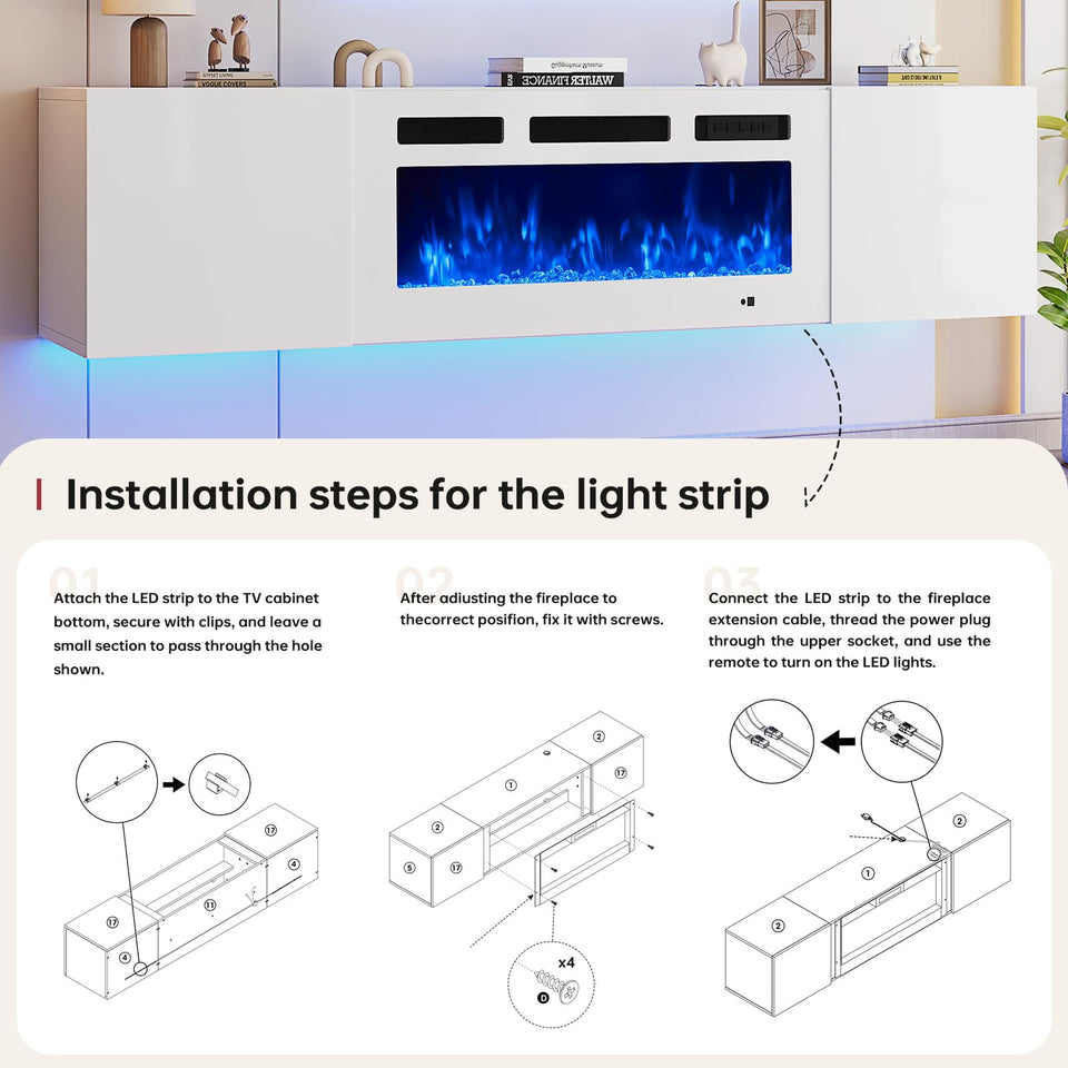 oneinmil 70" Floating TV Stand with 36" Electric Fireplace, Wall Mounted Fireplace Entertainment Center with Storage, Fire Place TV Console for Living Room, All Black