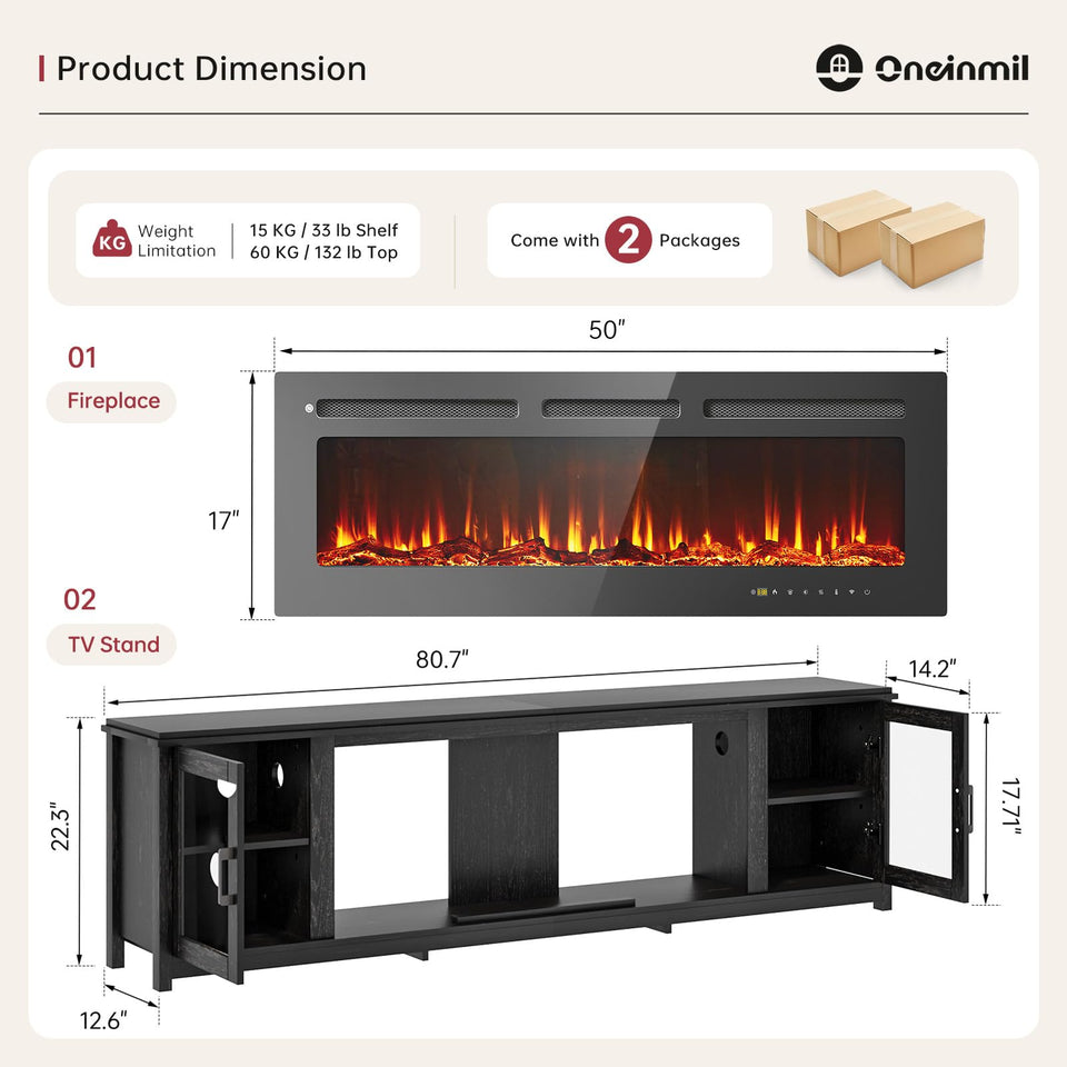 oneinmil 80" Fireplace TV Stand, 50 Inch Electric Fireplace & Modern Entertainment Center, TV Console with Adjustable Shelf & Glass Door for TVs Up to 90", Fire Place TV Stands for Living Room, Black