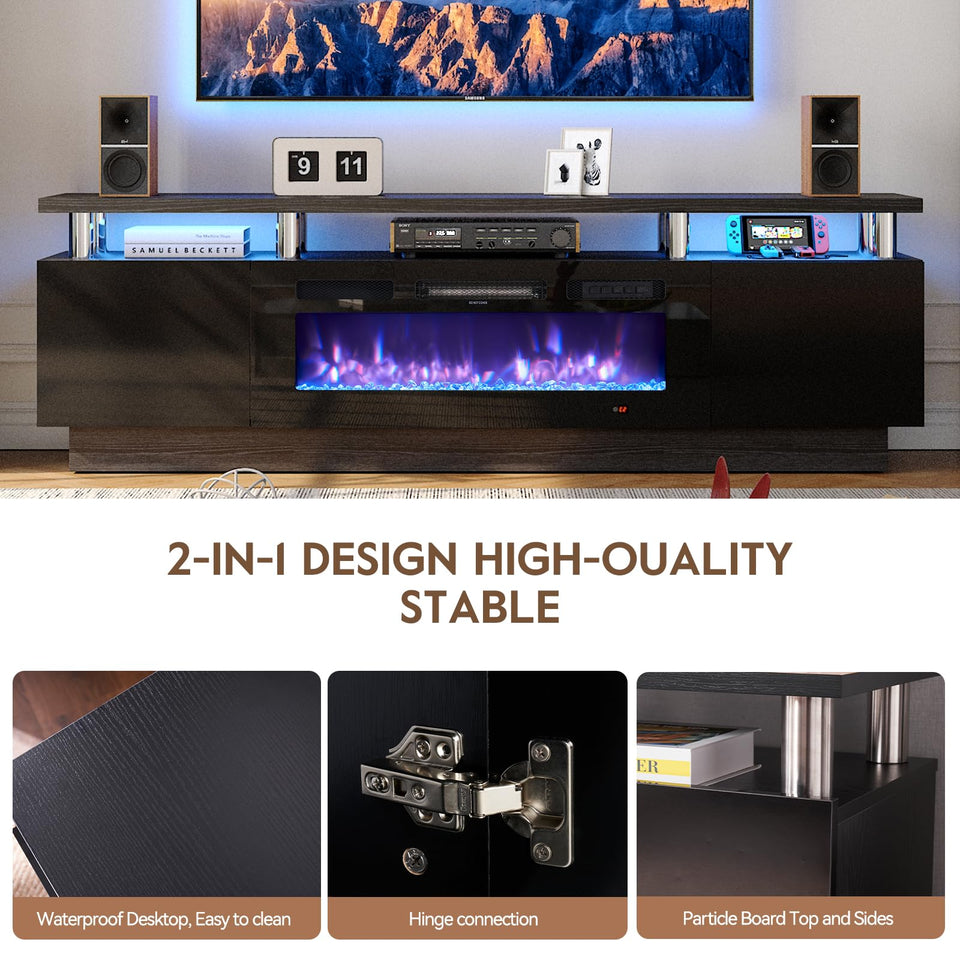 OneBlis 70" TV Stand for Living Room, Modern Entertainment Center & Media Console, Fits TVs up to 80", Storage Cabinet with Shelves, 36" Electric Fireplace with LED Flame (All Black)