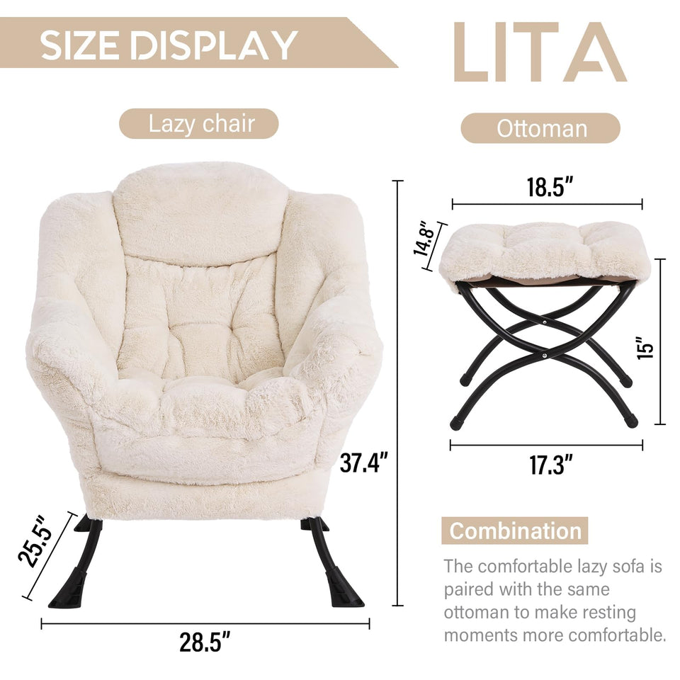 LITA Lazy Chair with Ottoman, Modern Accent Leisure Upholstered Lazy Sofa Armchair, Contemporary Lounge Reading Chair with Armrests and a Side Pocket for Living Room, Bedroom & Small Space, Dark Grey