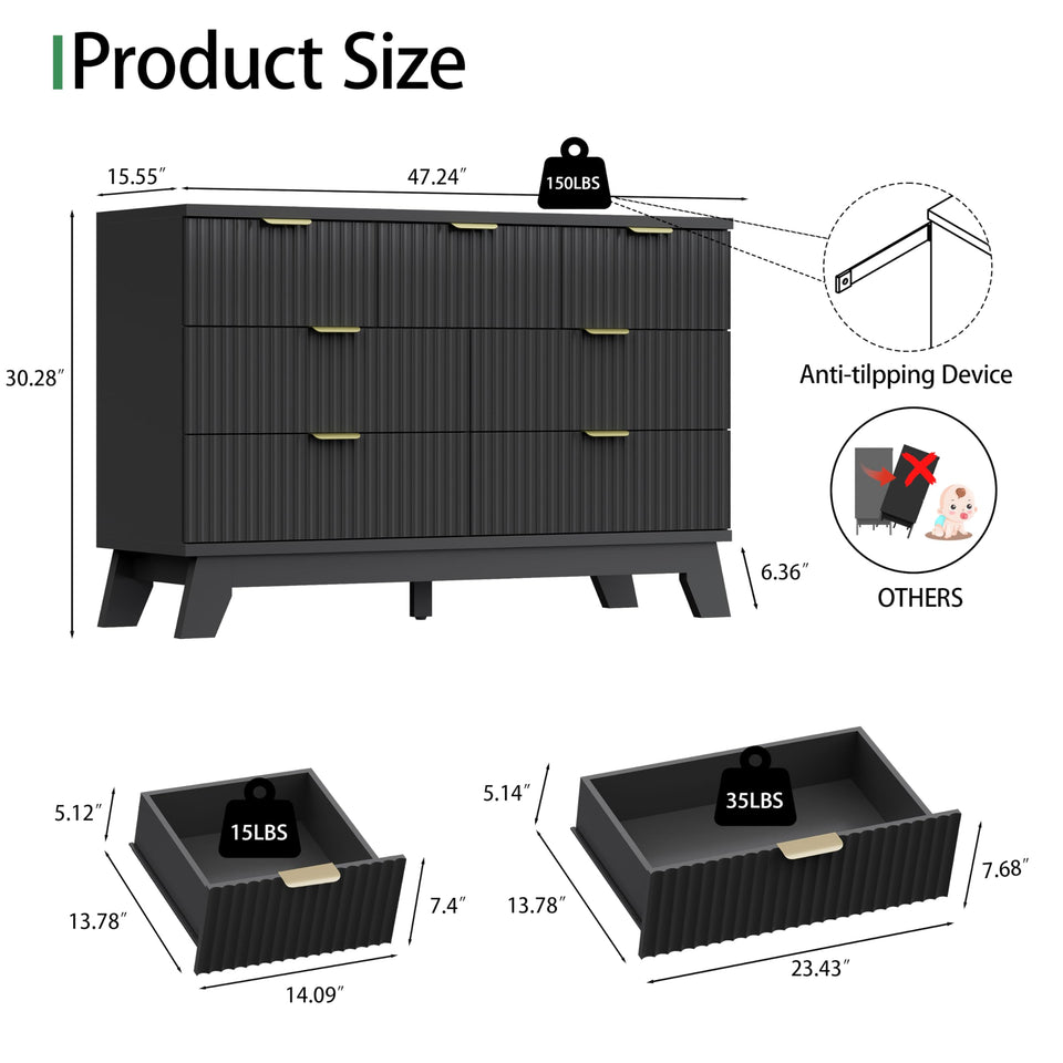 Fluted Dresser for Bedroom with 9 Drawers, 57" Wide Modern Chest of Drawers with Metal Handle, Wooden Dresser TV Stand, Wood Closet Clothes Storage Organizer for Living Room, Hallway, Natural Oak