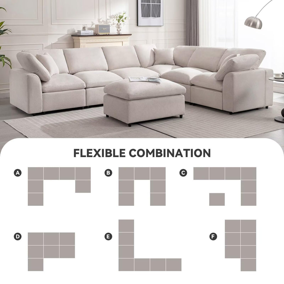Siiejia Modular Sectional Sofa Modern Oversized Cloud Couch with Movable Ottoman 7 Seater L-Shaped Sofas Comfy Couches for Living Room Spacious Space Office Lounge, Beige