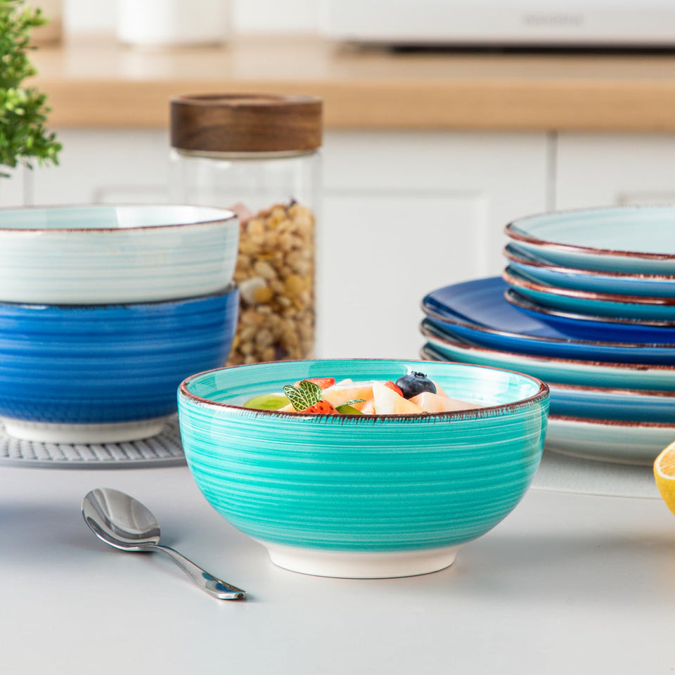 vancasso Bonita Dinnerware Set 24 Pieces Blue Stoneware Service for 6, Handpainted Spirals Pattern Stoneware Combination Set