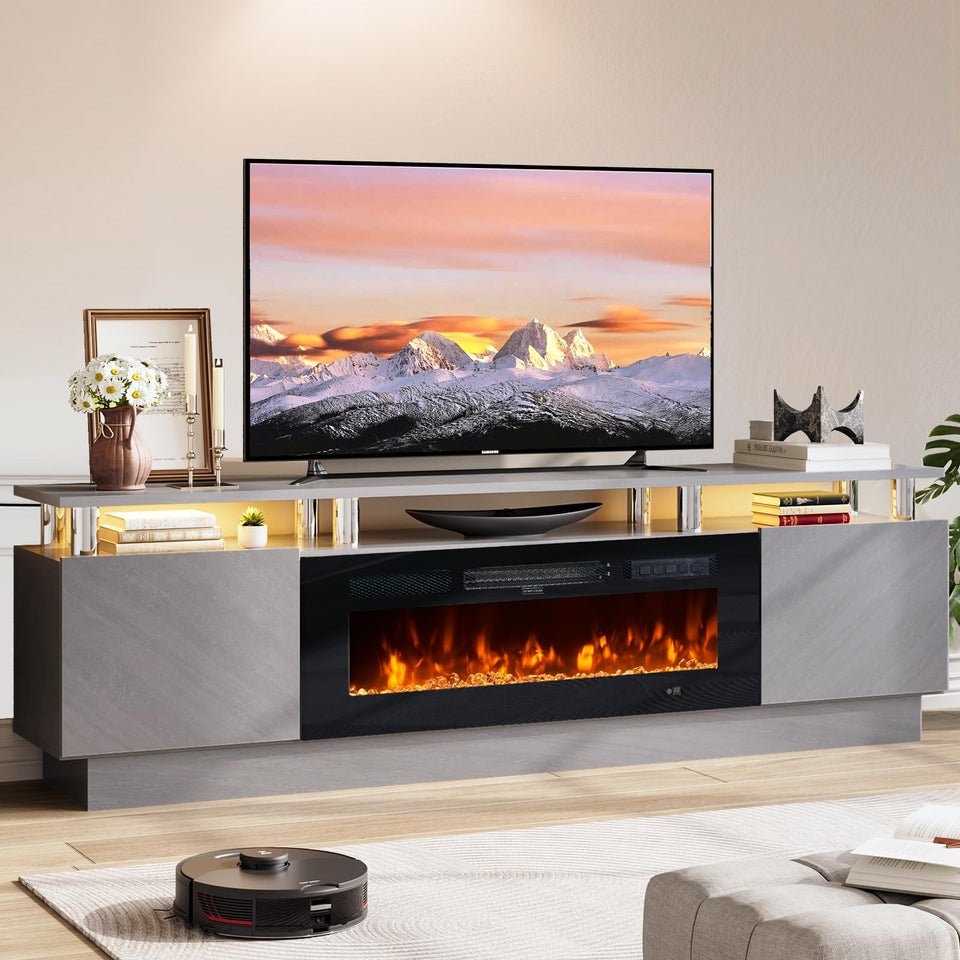 OneBlis 70" TV Stand for Living Room, Modern Entertainment Center & Media Console, Fits TVs up to 80", Storage Cabinet with Shelves, 36" Electric Fireplace with LED Flame (All Black)